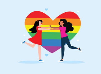 loving lesbian couple running towards each other on the background of the lgbt heart, flat vector illustration sticker