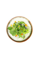 fresh vegetarian salad with microgreens and vegetables.  white background