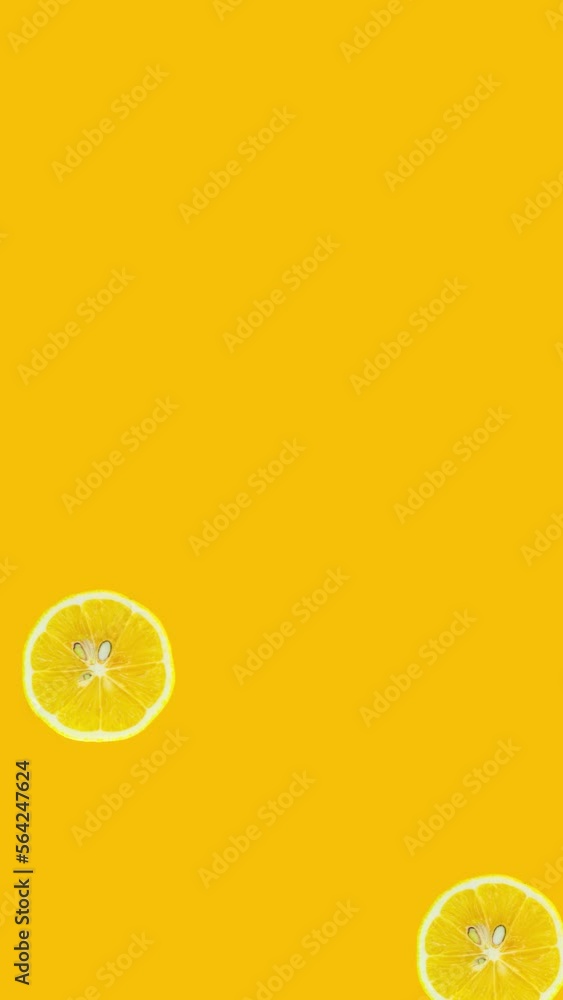 Poster stop motion animation of lemon slices on yellow background. healthy citrus concept. freshness and he