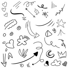 hand drawn Abstract arrows, ribbons and other elements in hand drawn style for concept design. Doodle illustration. Vector template for decoration