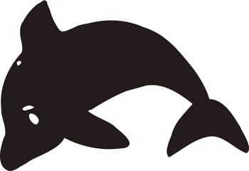 Fototapeta premium Vector drawing of a dolphin silhouette. In cartoon style, flat, painted black. On a white background, isolated.for the topic of environmental protection. Wildlife.