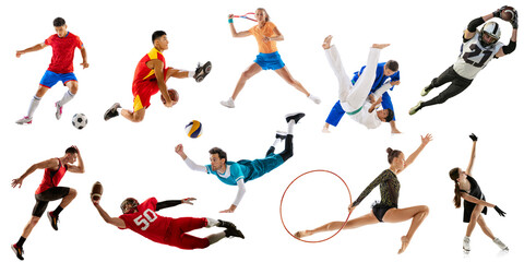 Collage, set of different professional sportsmen. Basketball, football, voleyball players in action...