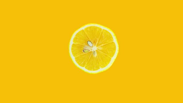 Lemon slice rotating on yellow background. Stop motion citrus animation. Healthy eating and refreshment concept.