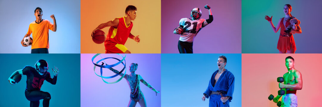 Collage. Portraits of professional sportsmen training, posing isolated over multicolored background in neon. Concept of sport, healthy and active lifestyle, motivation, activity.