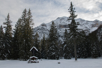 Winter wonderland: view of dolomites covered by snow in Veneto, Italy