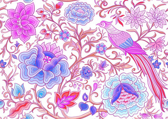 Fantasy flowers and pheasant bird in retro, vintage, chinese silk on velvet embroidery style. Seamless pattern, background. Vector illustration.