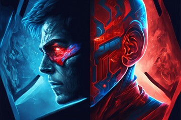 Two sides of the player in this futuristic game in red and blue, Generative Ai