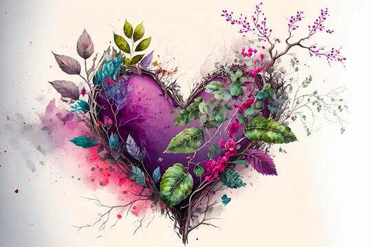 Watercolor heart. Colorful twigs, leaves and flowers integrated into the heart, in the shape of a heart. Colorful graphics for Valentine's Day. Design for invitation, wedding, greeting card or T-Shirt