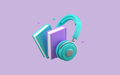 Online reading listening audiobooks. Headphones with books on purple background. 3d rendering