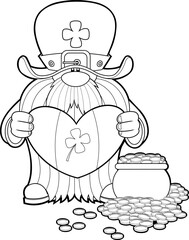 Outlined St. Patrick's Day Gnome Cartoon Character Holding A Irish Heart To Pot Full Of Gold. Vector Hand Drawn Illustration Isolated On Transparent Background