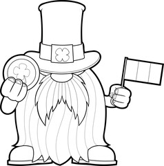 Outlined St. Patrick's Day Gnome Cartoon Character Holding A Gold Coin And Flag Of Ireland. Vector Hand Drawn Illustration Isolated On Transparent Background