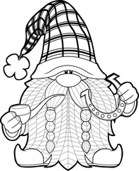 Outlined St. Patrick's Day Gnome Cartoon Character Holds Pipe And Golden Horseshoe. Vector Hand Drawn Illustration Isolated On Transparent Background