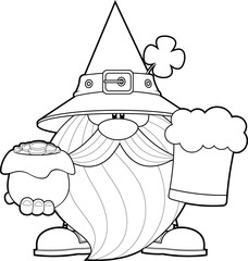 Outlined St. Patrick's Day Gnome Cartoon Character Holds Purse With Gold Coins And Mug Of Beer. Vector Hand Drawn Illustration Isolated On Transparent Background