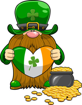 St. Patrick's Day Gnome Cartoon Character Holding A Irish Heart To Pot Full Of Gold. Vector Hand Drawn Illustration Isolated On Transparent Background