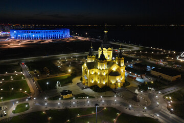 Nizhny Novgorod at night. Cathedral of the Holy Prince Alexander Nevsky. Aerial view.