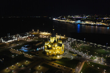 Nizhny Novgorod at night. Cathedral of the Holy Prince Alexander Nevsky. Aerial view.