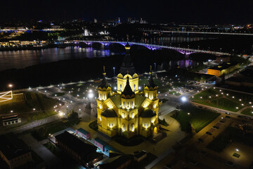 Nizhny Novgorod at night. Cathedral of the Holy Prince Alexander Nevsky. Aerial view.