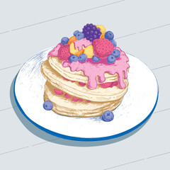 Hand drawn fruity pancake colorful vector illustration.