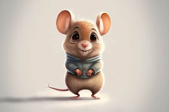 cute little adorable mouse in grey sweater smiling, character design, ai art, cartoon style