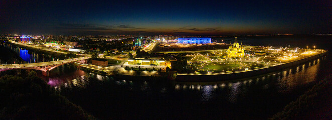 Fototapeta premium Nizhny Novgorod at night. View of the Strelka and Cathedral of the Holy Prince Alexander Nevsky. Aerial view.