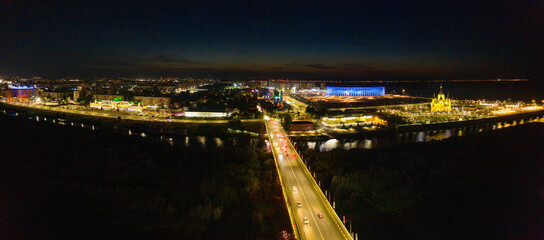 Nizhny Novgorod at night. View of the Strelka and Cathedral of the Holy Prince Alexander Nevsky....