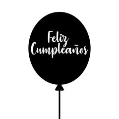 Celebración de cumpleaños. Logo aislado con texto manuscrito Feliz Cumpleaños en español con silueta de globo de aire para su uso en felicitaciones y tarjetas