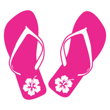 Destino de vacaciones. Logo flip flops. Icono calzado de playa. Silueta de flor de hibisco hawaiana en chanchas