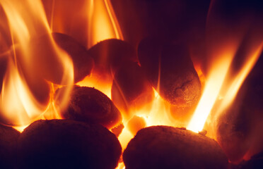 A close up of fire and flames coming from smokeless fuel buring in a stove providing warmth and...