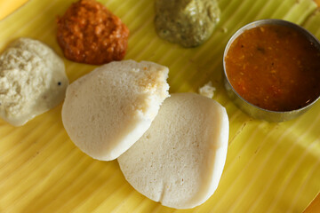 Many Idli or small button idly breakfast of Kerala Tamil Nadu South India and Sri Lanka. Healthy...