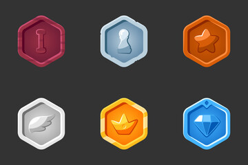 Rank icons set. Isolated vector illustration of mobile game sprites. Design for stickers, logo, mobile app. Arcade or match 3 2d graphics game asset. Flat rank sprites sheet. - obrazy, fototapety, plakaty