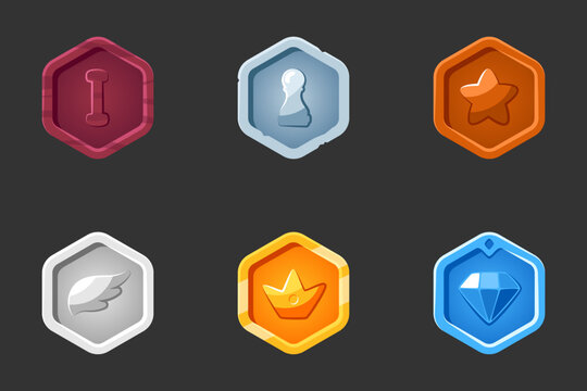Rank icons set. Isolated vector illustration of mobile game sprites. Design for stickers, logo, mobile app. Arcade or match 3 2d graphics game asset. Flat rank sprites sheet.