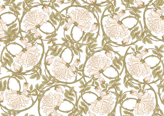 Decorative flowers and leaves in art nouveau style, vintage, old, retro style. Seamless pattern, background. Vector illustration. In art nouveau style, vintage, old, retro style.