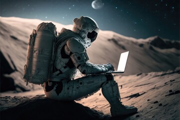astronaut working on a laptop at the moon made with generative ai