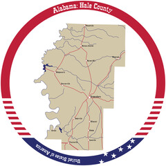 Map of Hale county in Alabama, USA arranged in a circle.