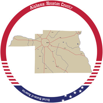 Map of Houston county in Alabama, USA arranged in a circle.