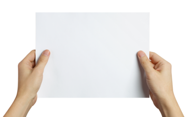 Hands holding a sheet of white paper cut out