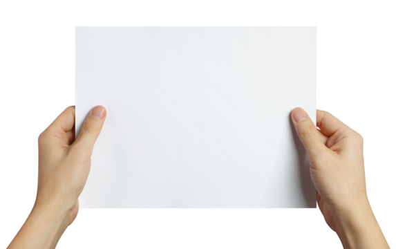 Hands holding a sheet of white paper cut out