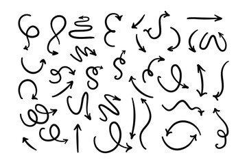 Collection hand drawn arrows. Set simple arrows isolated on white background