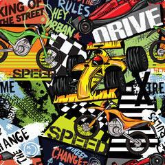 Bright pattern with motorcycles, sport car and bolid seamless grunge background for guys. Modern background in urban style. For textiles, bedding, fashion and sportswear.