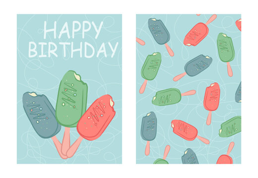 birthday greeting card set and seamless pattern with colorful birthday popsicles, candy bar background. Vector rectangular poster with a popsicle pattern