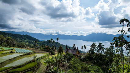 Fototapeta na wymiar Aerial view of panorama of Maninjau Lake West Sumatra, Danau maninjau. sumatra, Indonesia