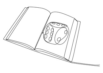 One continuous line of Opened Book with Dice. Thin Line Illustration vector concept. Contour Drawing Creative ideas.