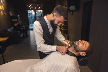 Professional barber carefully trimming the clients beard
