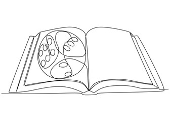 One continuous line of Opened Book with Dice. Thin Line Illustration vector concept. Contour Drawing Creative ideas.