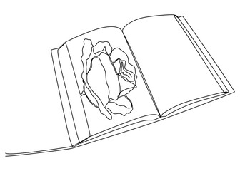 One continuous line of opened Book with Rose. Thin Line Illustration vector concept. Contour Drawing Creative ideas.