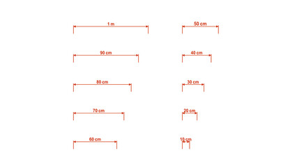 red dimensions from 100 cm to 10 cm isolated on white, PNG transparent background of misuramentys suitable for any drawings