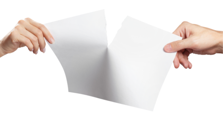 Female and male hands tearing a sheet of white paper in half, cut out