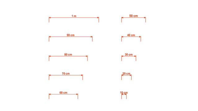 red dimensions from 100 cm to 10 cm isolated on white, PNG transparent background of misuramentys suitable for any drawings