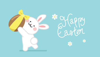 Easter celebration vector icon flat illustration. Cute white easter bunny holding a big chocolate egg with a ribbon. Flat background with text and daisy flowers.