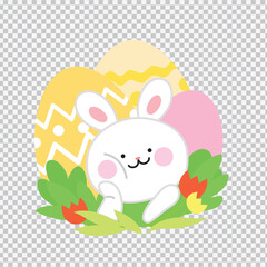 Easter celebration flat vector icon illustration with a transparent background. Cute easter bunny with painted eggs and springtime flowers. Easter bunny in the grass.